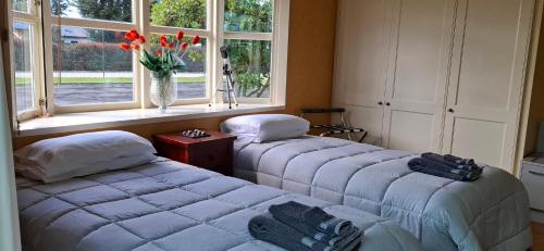 two beds in a room with a window at Smart Value Premium Alpine Stay Strictly Smoke, Vape & Pet Free in Methven