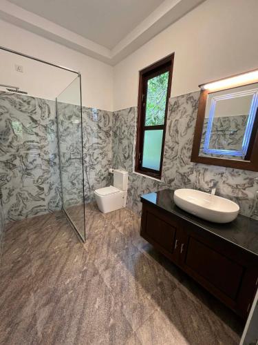 a bathroom with a sink and a shower and a toilet at Belgi Guest House in Balapitiya