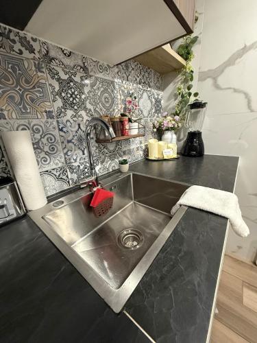 a kitchen with a stainless steel sink in a kitchen at Apartment in the heart of Mexico City's historic in Mexico City