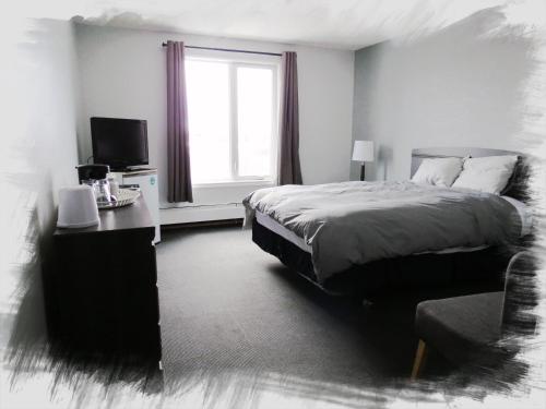 um quarto com uma cama, uma secretária e uma janela em Churchill Hotel em Churchill