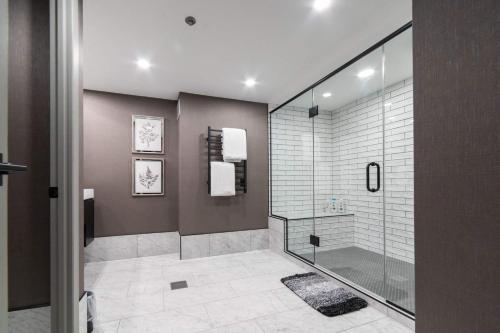 a bathroom with a shower and a glass shower stall at Ramada Plaza by Wyndham Regina Downtown in Regina