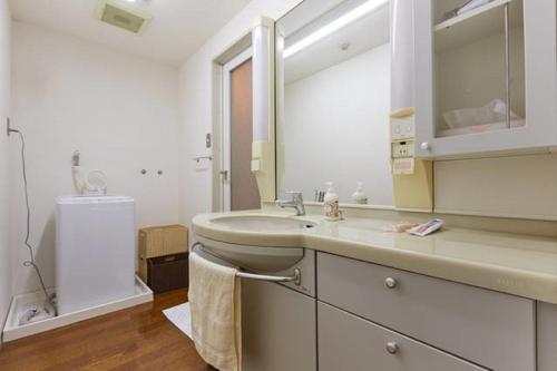 a bathroom with a sink and a large mirror at Guest room Kamakura Nagomi -Hydrangea- in Kamakura