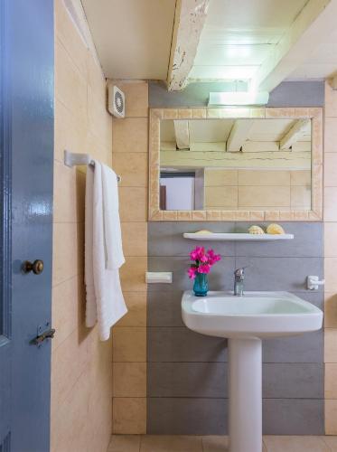 a bathroom with a sink and a mirror at Erato Apartments in Lindos