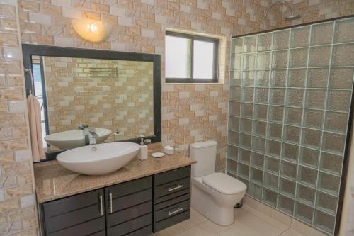 a bathroom with a sink and a toilet and a mirror at Surfers Cove Apartments in Bel Ombre