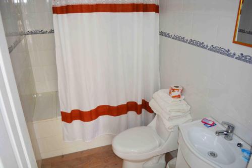 a bathroom with a toilet and a shower curtain at Hotel & Cabañas El Mirador Caldera in Caldera