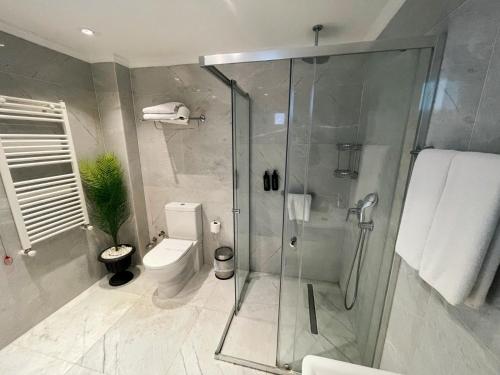 a bathroom with a glass shower and a toilet at DBD Hotel Bayraklı in Bayrakli