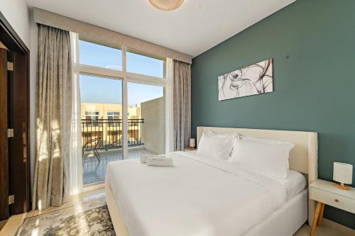 a bedroom with a large bed and a large window at FIRST CLASS Villa Peaceful Pool View Retreat in Dubai