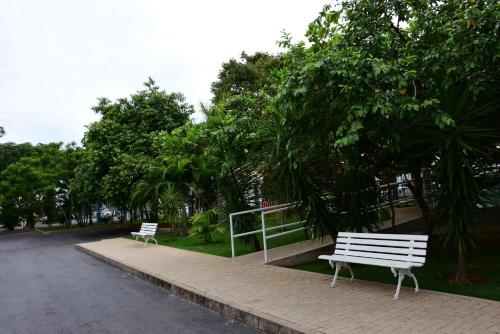 two white benches sitting on a sidewalk next to trees at Lacqua diRoma 1 - Apartamentos JN in Caldas Novas