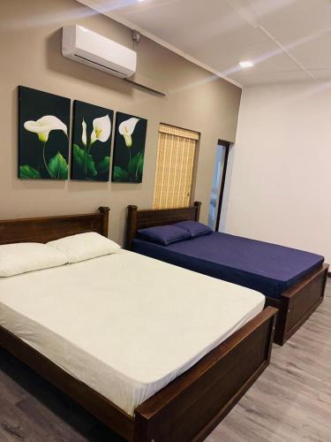 two beds in a room with paintings on the wall at Villa Indeewara in Welipenna East