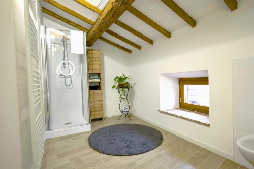 a bathroom with a shower and a sink and a mirror at Alloggio turistico Alla Vasca in Tregnago