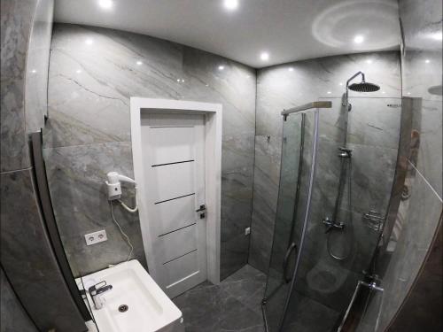 a bathroom with a shower and a sink at Апартаменты Сонячний квартал in Golubinoye