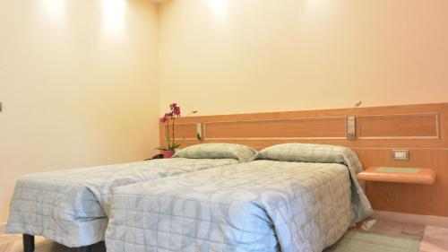 a bedroom with a bed with a wooden headboard at Hotel Sempione in Milan