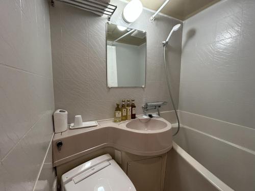 a bathroom with a toilet and a sink and a mirror at Pioland Hotel in Saitama