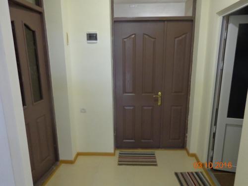 a hallway with two brown doors and a rug at Guest house Hasmik in Yeghegnadzor