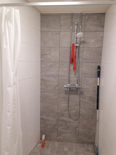 a shower in a bathroom with a shower curtain at Prince Palace in Vantaa