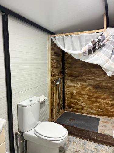 a bathroom with a toilet and a bed in a room at Cabaña rural con piscina privada in Orihuela