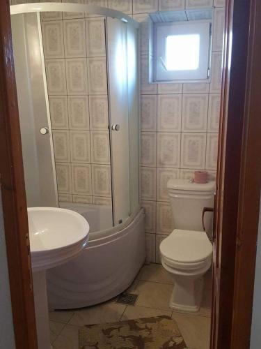 a bathroom with a toilet and a tub and a sink at Pensiunea Cristomar in Bran