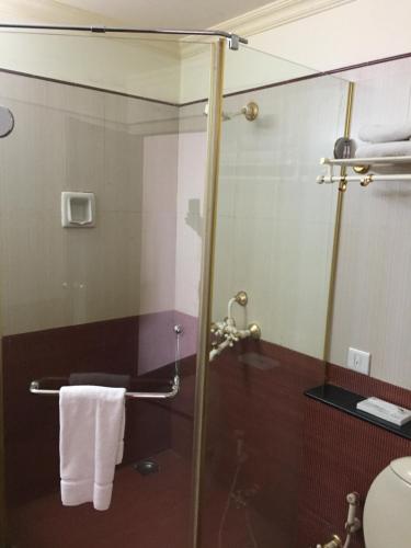 uma casa de banho com uma cabina de duche em vidro e um WC. em The Mascot Hotel - A Heritage Living Experience em Trivandrum