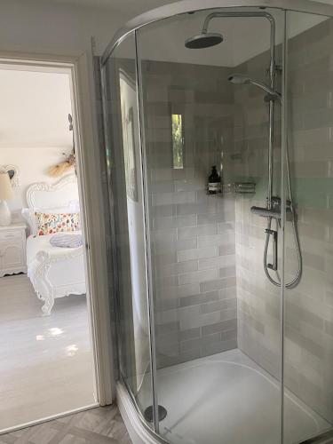 a shower with a glass door in a bathroom at West mouse view in Holyhead