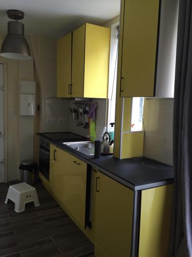 une cuisine avec des armoires jaunes et un comptoir noir dans l'établissement Appartement dans Le Marais, à Paris