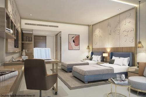 a bedroom with two beds and a living room at Hotel Shubham Prestige RC Puram in Lingampalli
