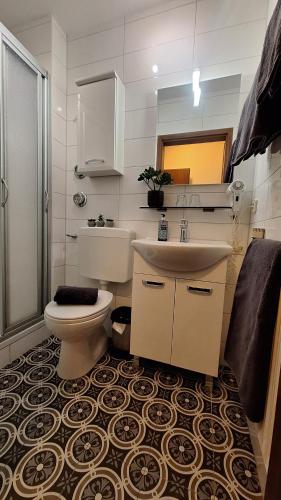 a bathroom with a toilet and a sink at Gästehaus Mittmann in Bad Kissingen