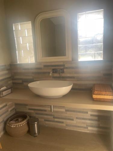 a bathroom with a white sink and a mirror at 1 Brin à part in Maubec