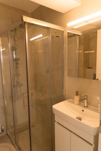 a bathroom with a shower and a sink at Signature city loft in Tríkala