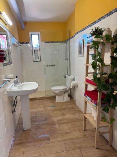 a bathroom with a sink and a toilet and a shower at Casa La Mareta in Casillas del Ángel