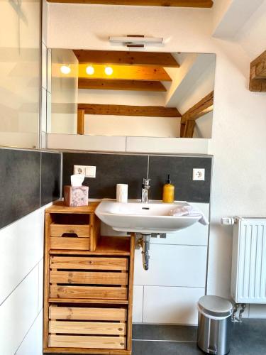a bathroom with a sink and a mirror at Gemütliche Landhauswohnung in Bad Saulgau