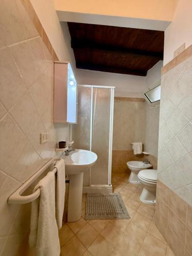 a bathroom with a shower and a sink and a toilet at Onda blu in Sant'Isidoro