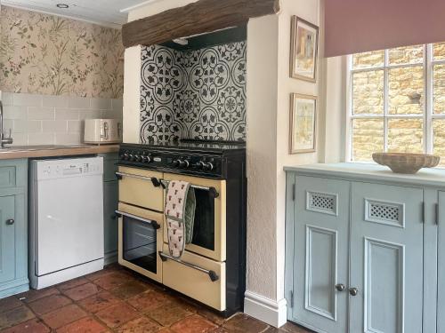 a kitchen with an oven and blue cabinets at Teddy's Cottage in Market Overton