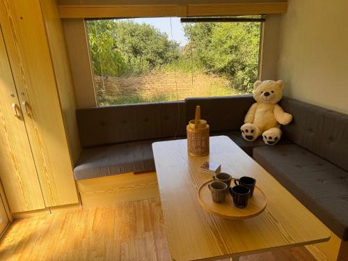 a teddy bear sitting on a bench next to a window at Le joli centre energetique in Châteaumeillant