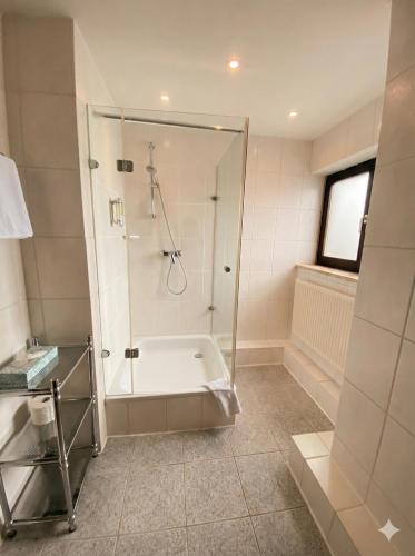 a bathroom with a shower and a bath tub at Hotel Hebelhof in Bad Bellingen