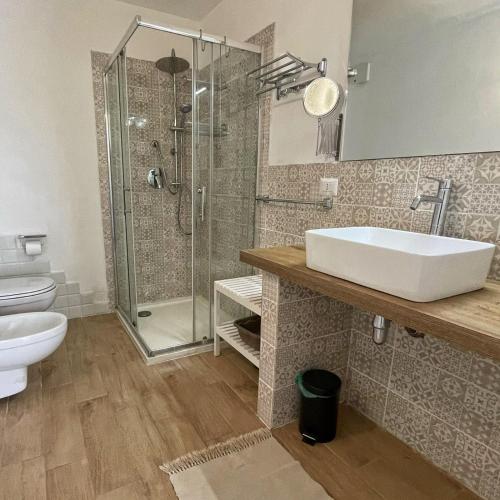 a bathroom with a shower and a sink and a toilet at La Pecora Nera B&B in Budoni