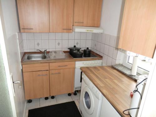 een kleine keuken met een wastafel en een wasmachine bij Comfortable Homly Apartment in Offenbach