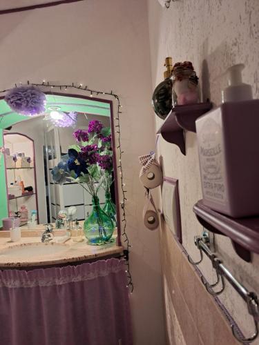 a bathroom with a mirror and a sink with a vase of flowers at AL CANTINONE in Toffia