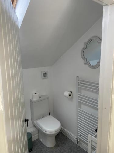 a white bathroom with a toilet and a sink at Ty capel cottage in Mold