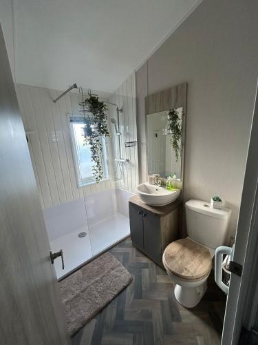 a bathroom with a sink and a toilet and a tub and a sink at Luxury Lakeview Lodge Chichester Lakeside Holiday Park in Chichester