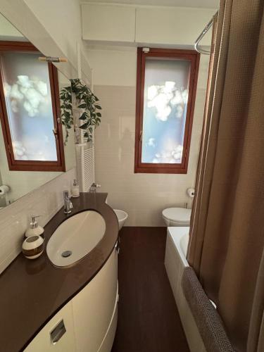 a bathroom with a sink and a toilet and two windows at Il Giardino di Nà in Linate
