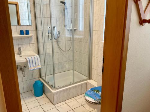 a bathroom with a shower and a toilet and a sink at Kleine Oase 46 in Funfseen