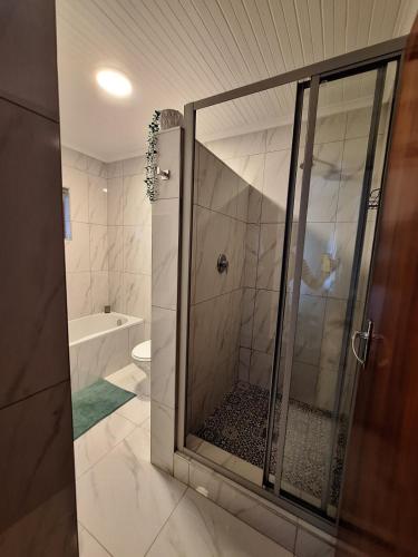 a shower with a glass door in a bathroom at The Oyster Cove in Brenton-on-Sea