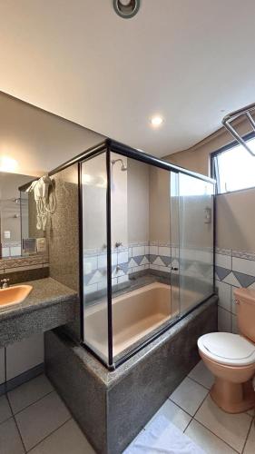 a bathroom with a shower and a toilet and a tub at Duplex com Banheira no Centro de Campo Grande in Campo Grande