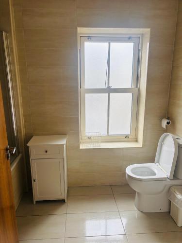 a bathroom with a toilet and a window at Town Apartment in Ardara