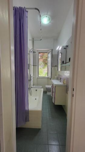 a bathroom with a purple shower curtain and a tub at Vista dai pini in Varazze