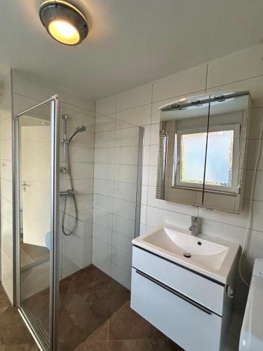 a white bathroom with a sink and a shower at Het schapenhuisje in Herkingen