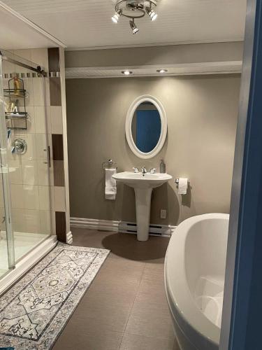 a bathroom with a sink and a shower and a tub at Chalet Spa - La Détente au Mont-Comi in Saint-Gabriel