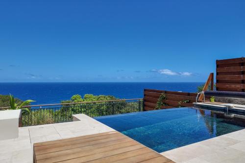 a swimming pool with a view of the ocean at Luxury Oceanfront Villa Heated Infinity Pool in Petite Île