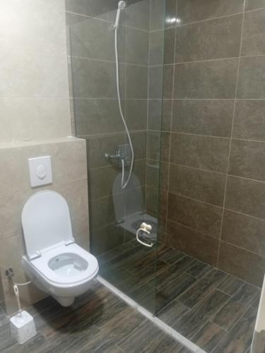 łazienka z toaletą i przeszkloną kabiną prysznicową w obiekcie Charisma Homes 3 w Prisztinie
