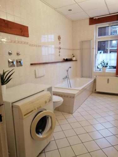 a bathroom with a tub and a toilet and a washing machine at Ferienwohnung HARZgeNUSS in Wernigerode